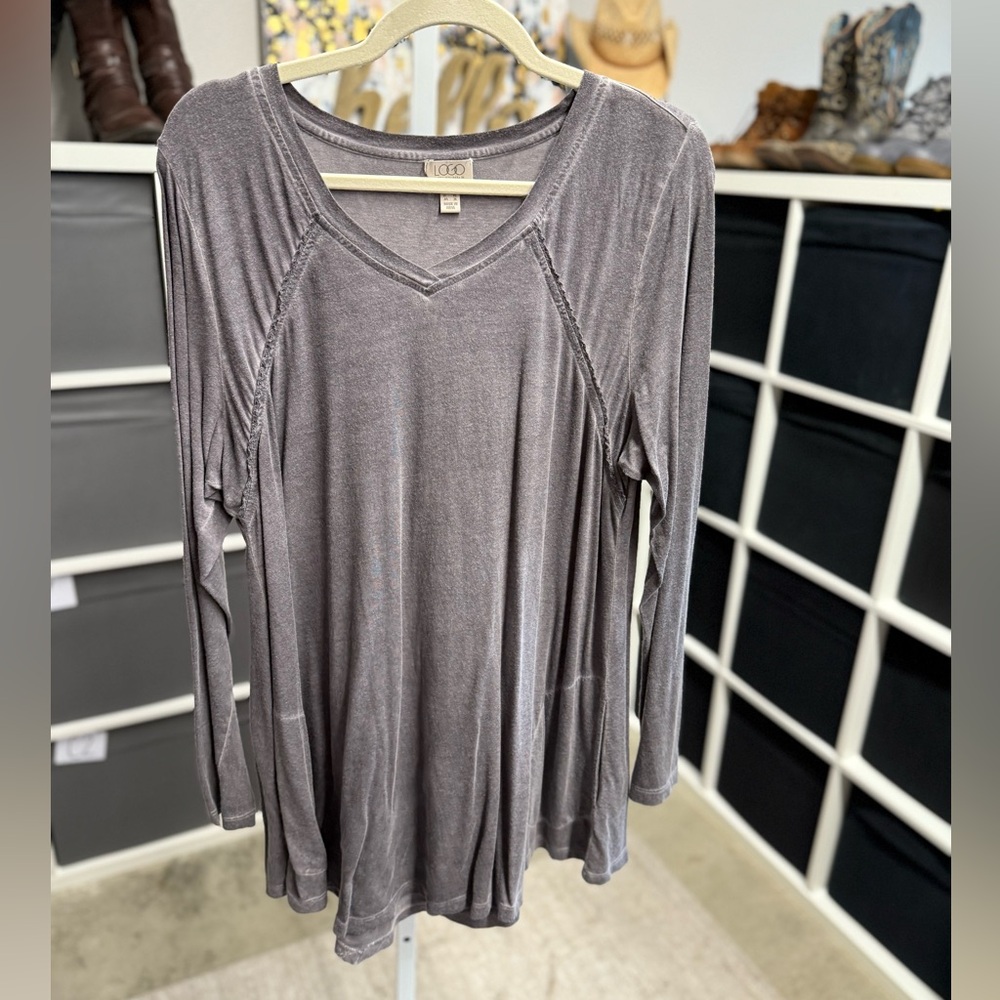 LOGO by Lori Goldstein Long Sleeve Vintage Wash V Neck Pocket Shirt